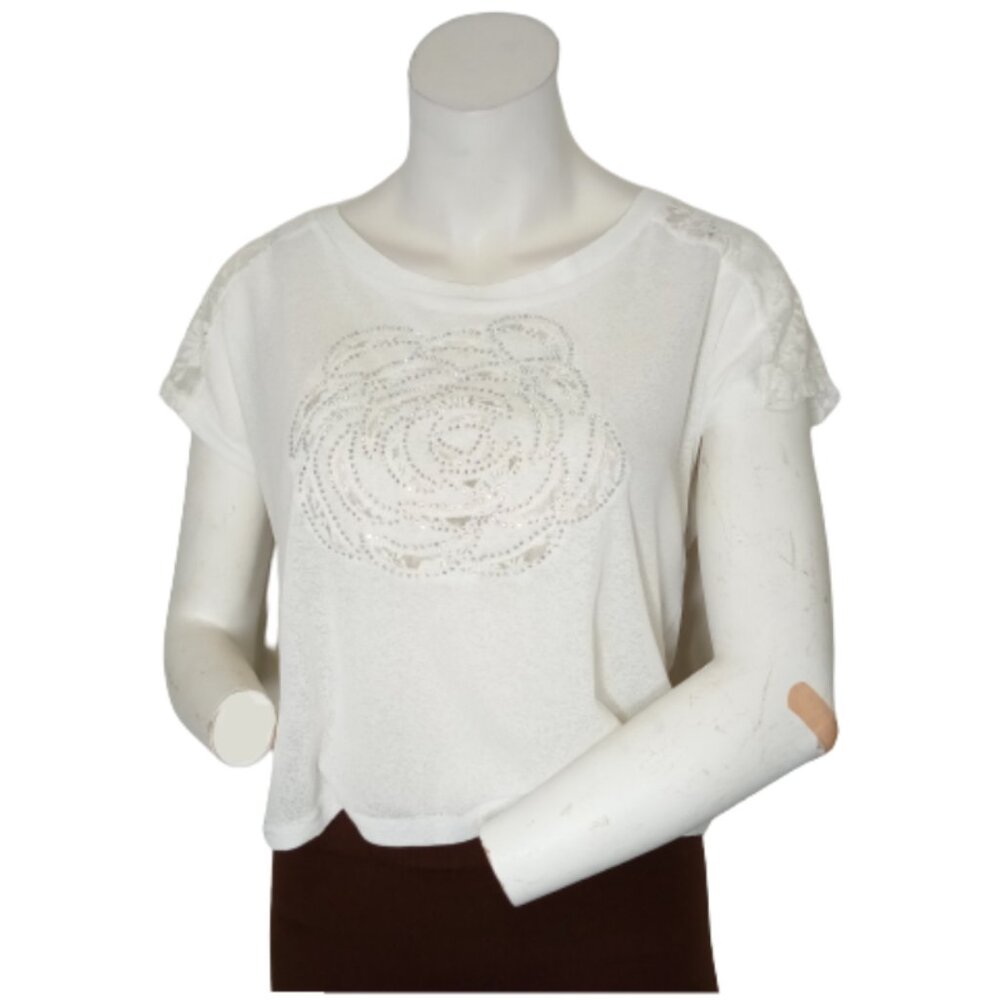 Women White Short Sleeve Shirt with Lace